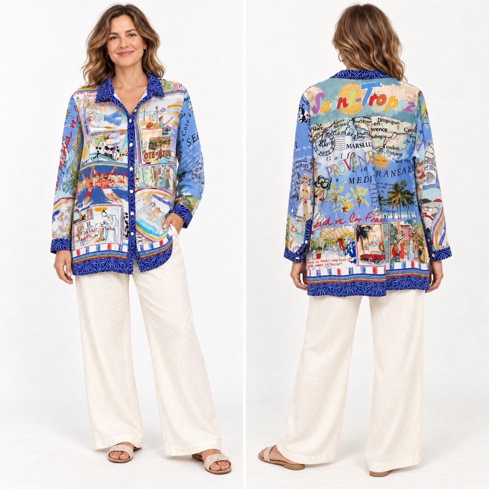 John Mark Button Up Shirt Medium Saint-Tropez French Riviera Postcard Tunic